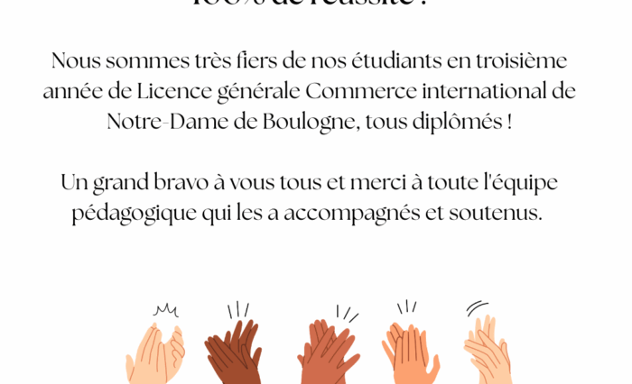 Félicitations aux étudiants en troisième de Licence générale Commerce international de Notre-Dame de Boulogne pour cet excellent cru 2025. Merci à toute l'équipe pédagogique qui les a accompagnés
